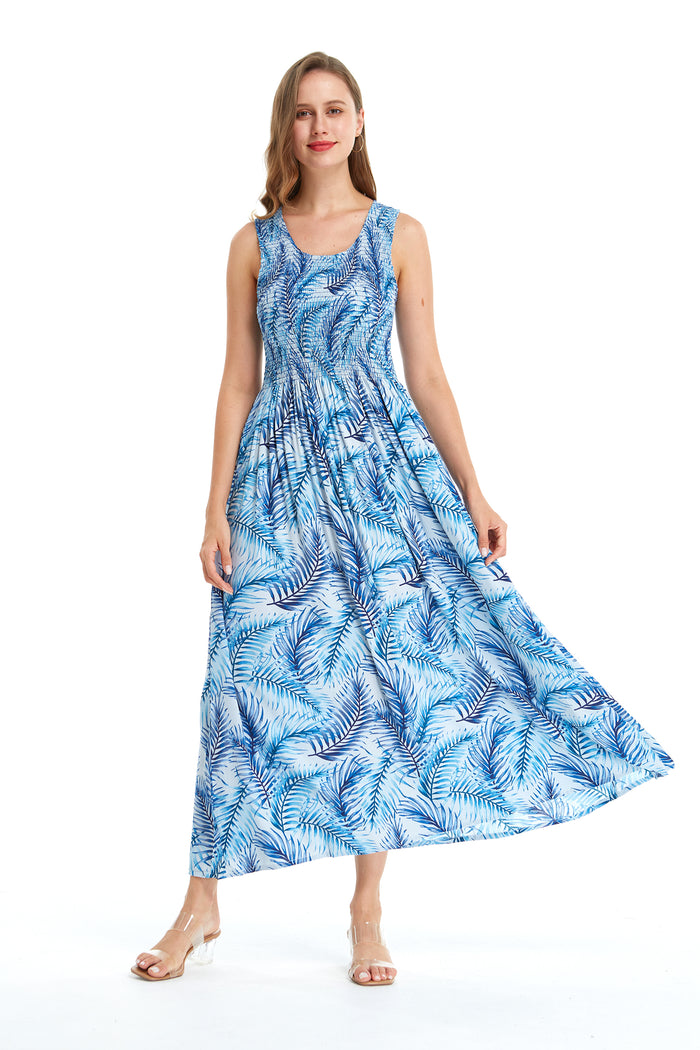 Women's Maxi Tank Elastic Luau Dress Simply Blue Leaf