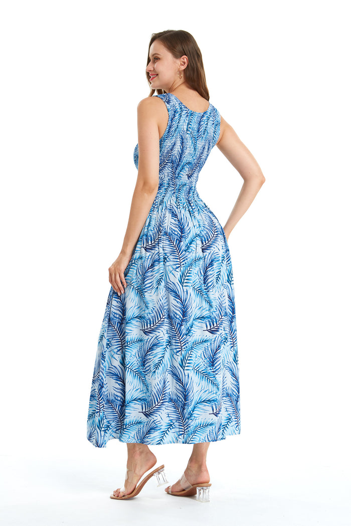 Women's Maxi Tank Elastic Luau Dress Simply Blue Leaf