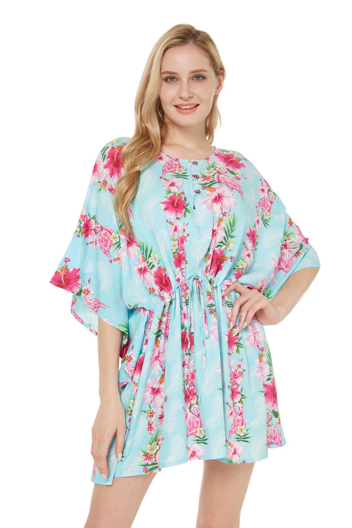 Women's Short Poncho Dress Pink Turquoise Hibiscus Vine