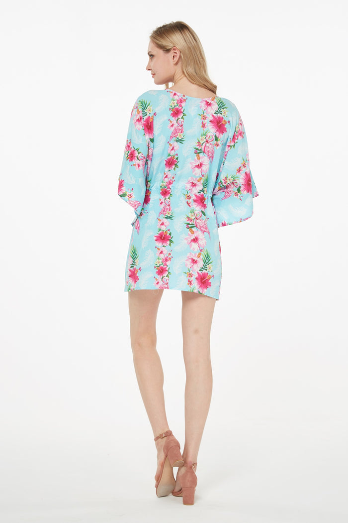 Women's Short Poncho Dress Pink Turquoise Hibiscus Vine