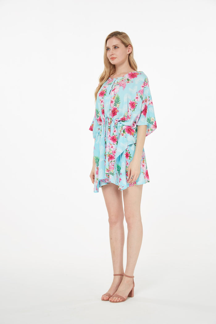Women's Short Poncho Dress Pink Turquoise Hibiscus Vine