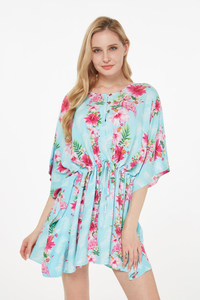 Women's Short Poncho Dress Pink Turquoise Hibiscus Vine
