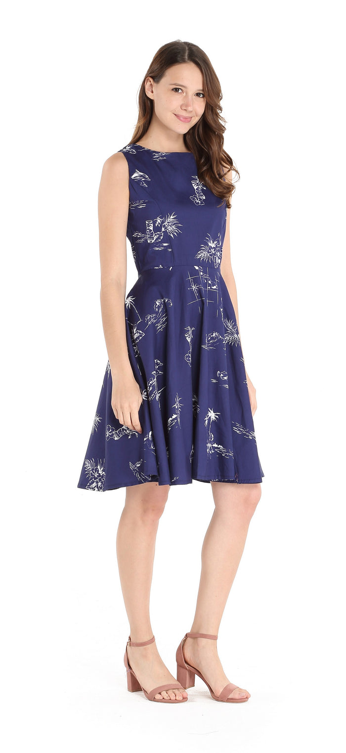 Women's Vintage Fit and Flare Dress in Classic Map Navy