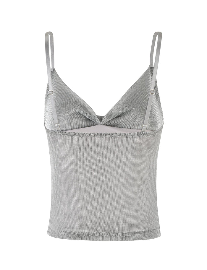 The WYNNE TOP - GREY : SILVER from TIGERMIST is a gray sleeveless camisole featuring thin adjustable shoulder straps and a V-shaped neckline. The lightweight fabric has a slightly textured surface, while the straight bottom hem and fitted silhouette enhance your figure, offering a simple yet elegant design.