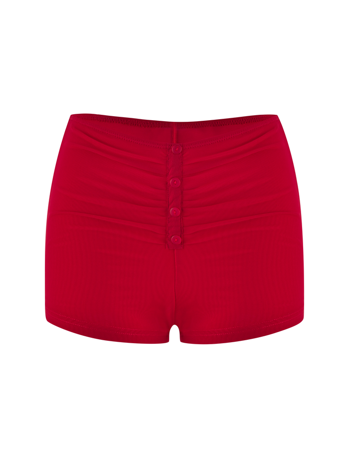 The TIGERMIST ZAFIRA SHORT - RED features a high-waisted, body-con fit with a ruched front, four center buttons, and high-stretch fabric, shown on a plain white background.