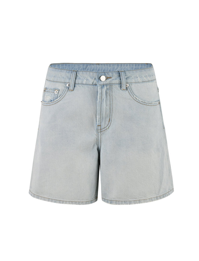 Introducing the ZANDER SHORT - BLUE : LIGHT WASH from TIGERMIST: These light blue denim shorts feature front pockets, belt loops, and a button and zipper closure. With their slightly faded appearance, standard fit, and mid-thigh hem, these casual shorts are perfect for any laid-back occasion.
