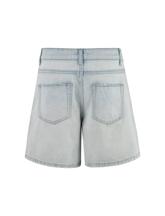 The ZANDER SHORT - BLUE : LIGHT WASH from TIGERMIST are a pair of light blue denim shorts featuring two back pockets. These shorts include belt loops and a classic jean-style design, complete with visible stitching along the pockets and waistband. The fabric has a slightly worn appearance, offering a casual and comfortable look.