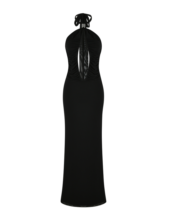 The TIGERMIST ZARA MAXI DRESS - BLACK is a full-length halter dress with a chest keyhole cutout and side ruching, made from high stretch fabric, shown against a plain white background.