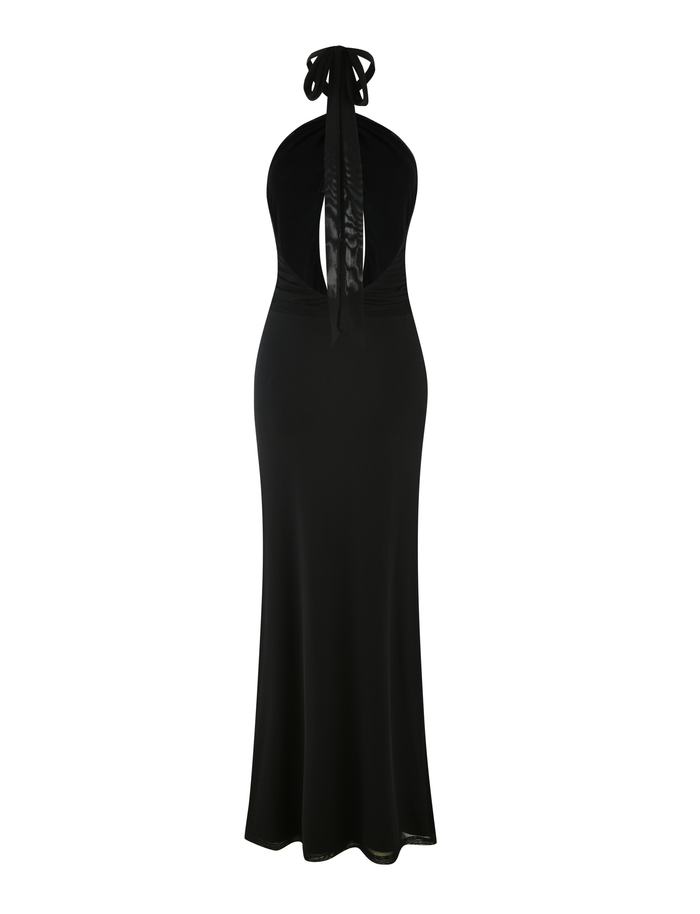 The TIGERMIST ZARA Maxi Dress in black features a halter neckline, open back, and floor-length fitted silhouette in high-stretch fabric, shown against a white background.
